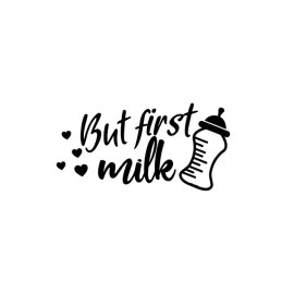 But first milk text with milk feeding bottle vector