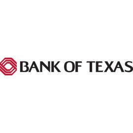 Bank of Texas emblem in bold typography | Red geometric banking icon with wordmark 