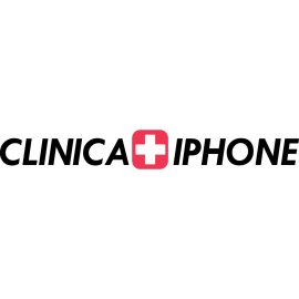 Clinica iPhone logo in bold modern typography|Red medical cross icon symbolizing repair and care