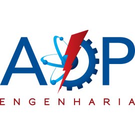 AOP Engenharia logo vector PNG with dynamic industrial identity|High-tech engineering emblem featuring cogwheel, atom and lightning bolt
