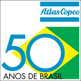 Atlas Copco 50 Anos de Brasil anniversary emblem|Commemorative logo celebrating half a century of Atlas Copco in Brazil